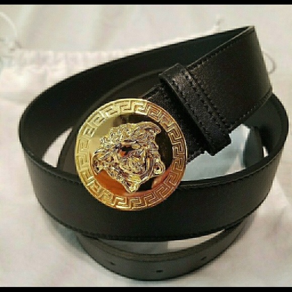NWT Authentic Versace Black Leather Circle Gold Medusa Buckle Belt